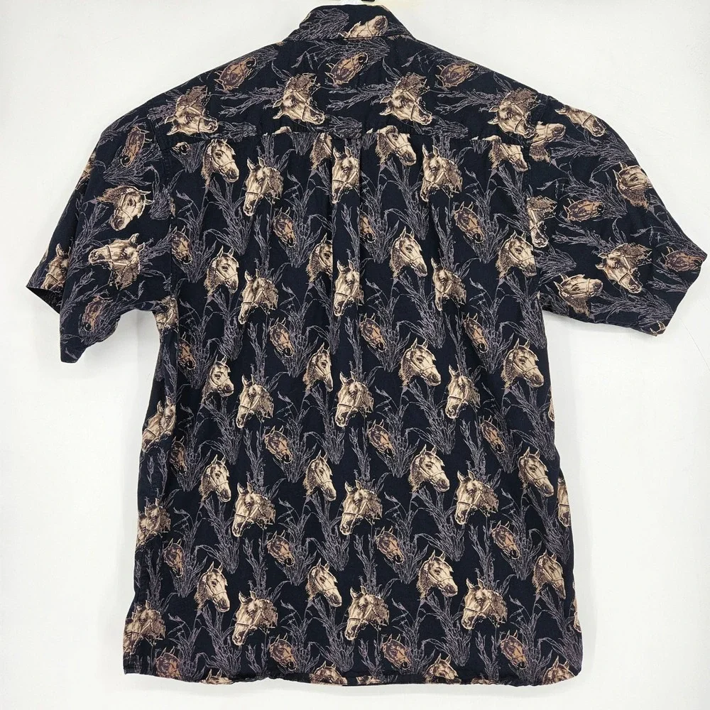 Bit & Bridle Shirt Mens XLT Black Western Horses All Over Button Short Sleeve